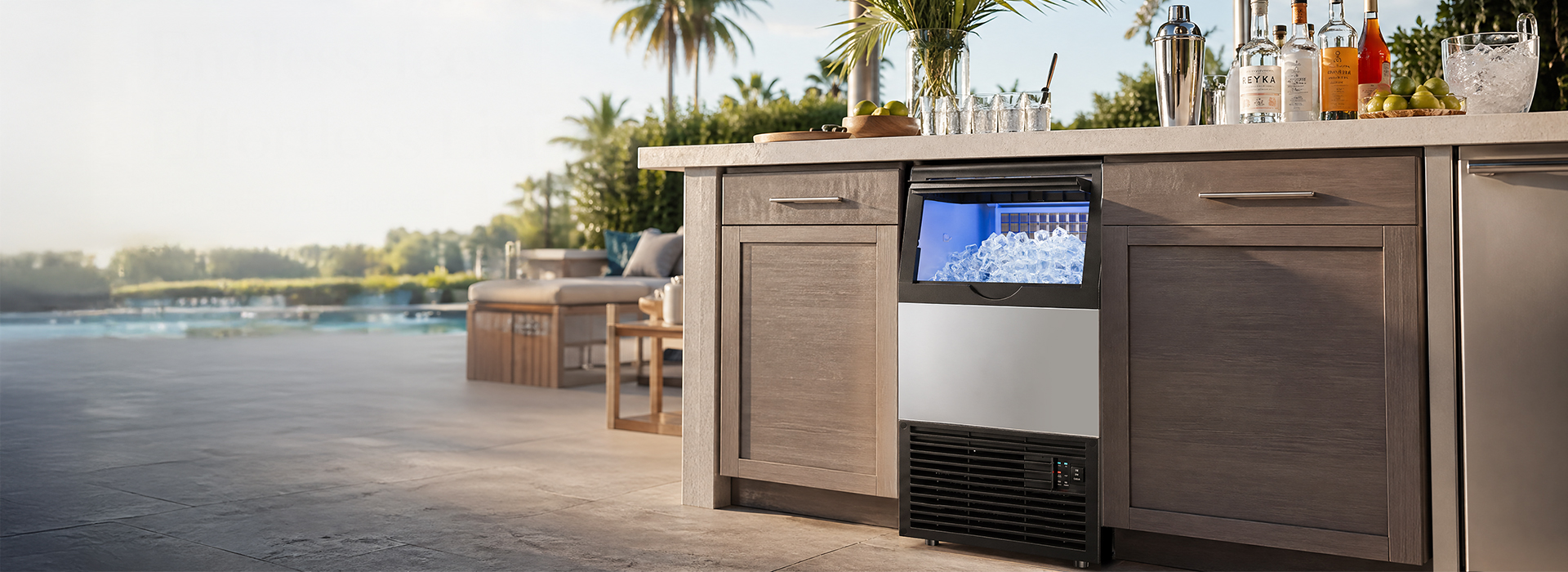 {"default":"Mojgar commercial ice maker in a modern outdoor bar setting, showing clear ice cubes and premium beverage setup"}
