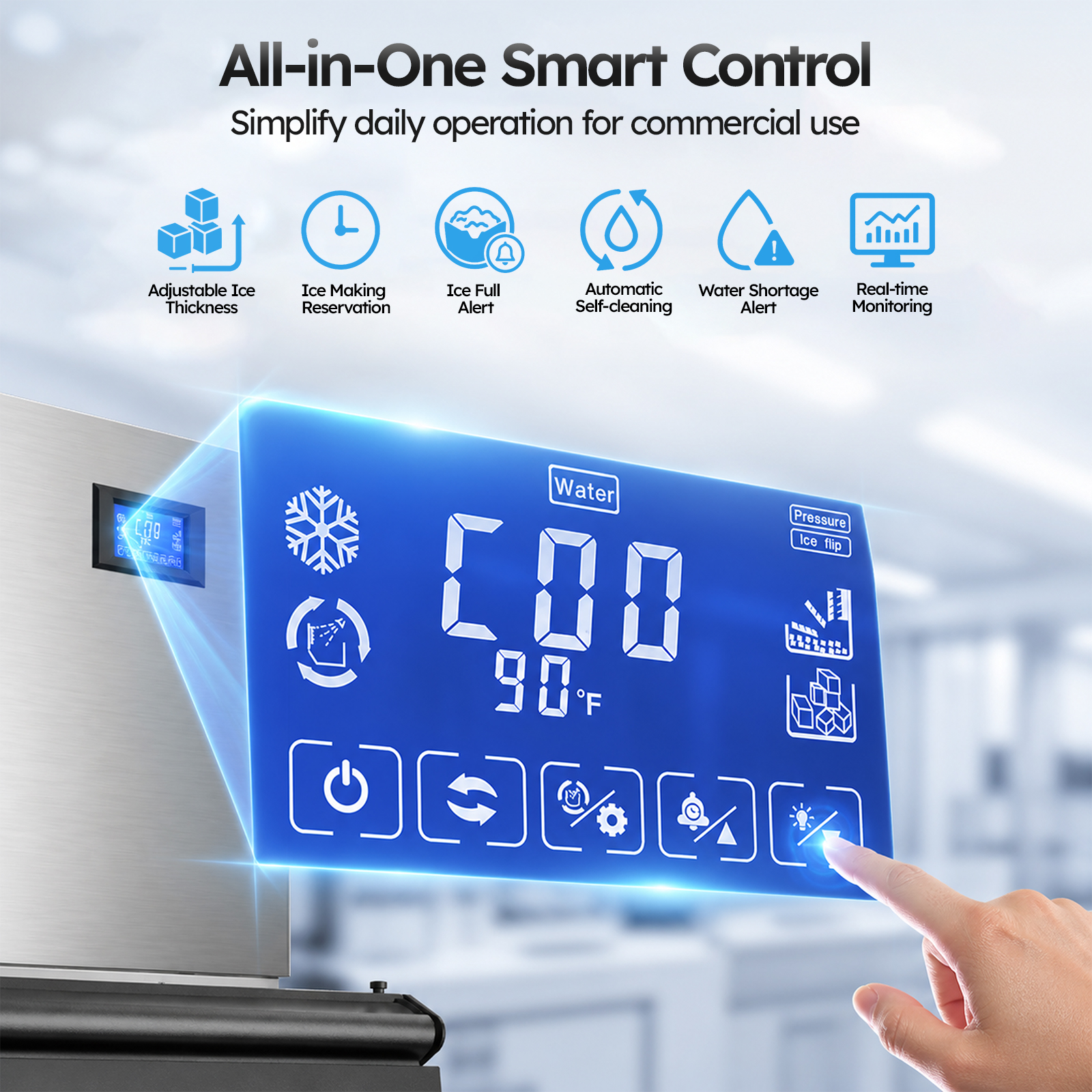 Mojgar commercial ice maker smart control panel with adjustable ice thickness, timer reservation, self-cleaning, ice-full alert, water shortage alert and real-time monitoring.