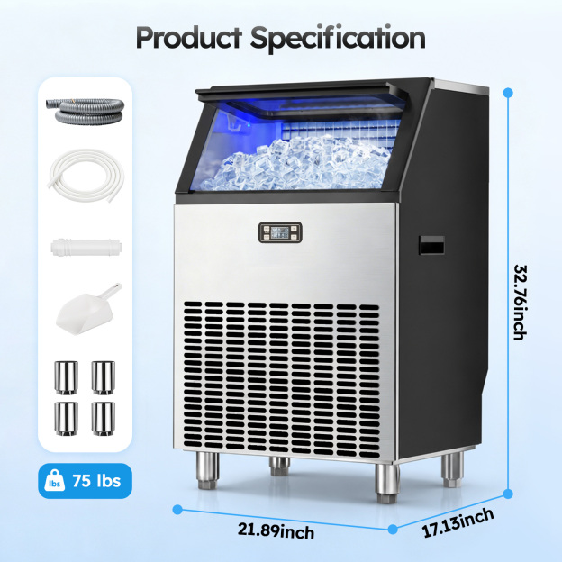 Mojgar commercial ice maker product specifications showing stainless steel ice machine dimensions, included accessories, water hoses, filter, ice scoop, and adjustable feet. Compact design measures 21.89 inches wide, 17.13 inches deep, and 32.76 inches high.