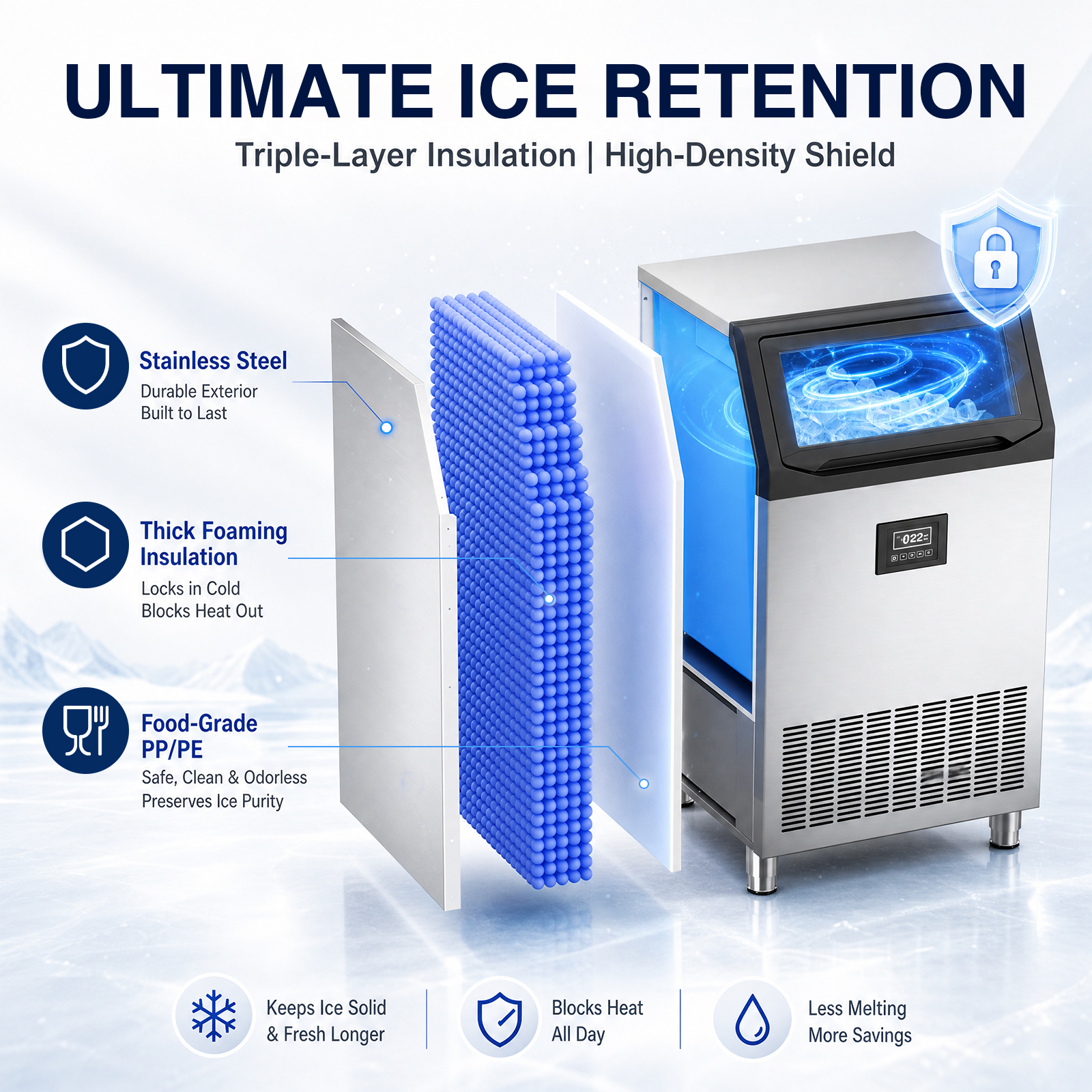 MOJGAR commercial ice maker with triple-layer insulation, stainless steel exterior, thick foam insulation and food-grade PP/PE liner for improved ice retention.