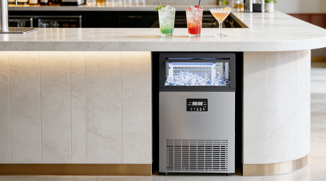 {"default":"Mojgar commercial under-counter ice maker 6058232 produces crystal-clear ice cubes, shown in a busy commercial bar environment with signature cocktails."}
