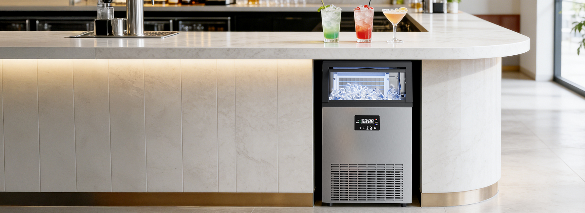 {"default":"Mojgar commercial under-counter ice maker 6058232 produces crystal-clear ice cubes, shown in a busy commercial bar environment with signature cocktails."}
