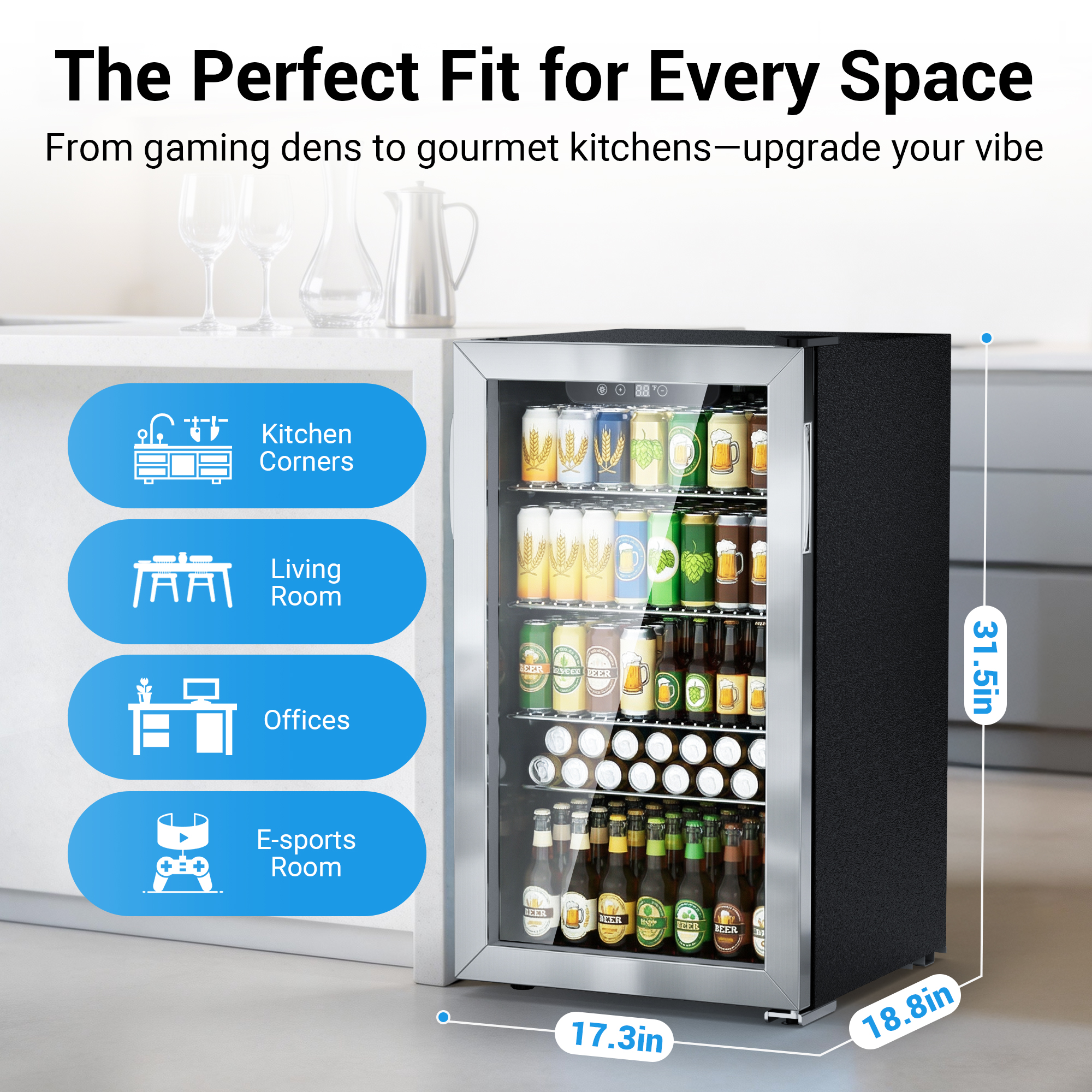 Compact Mojgar beverage cooler for kitchens, living rooms, offices, and game rooms with 17.3 x 18.8 x 31.5 inch size