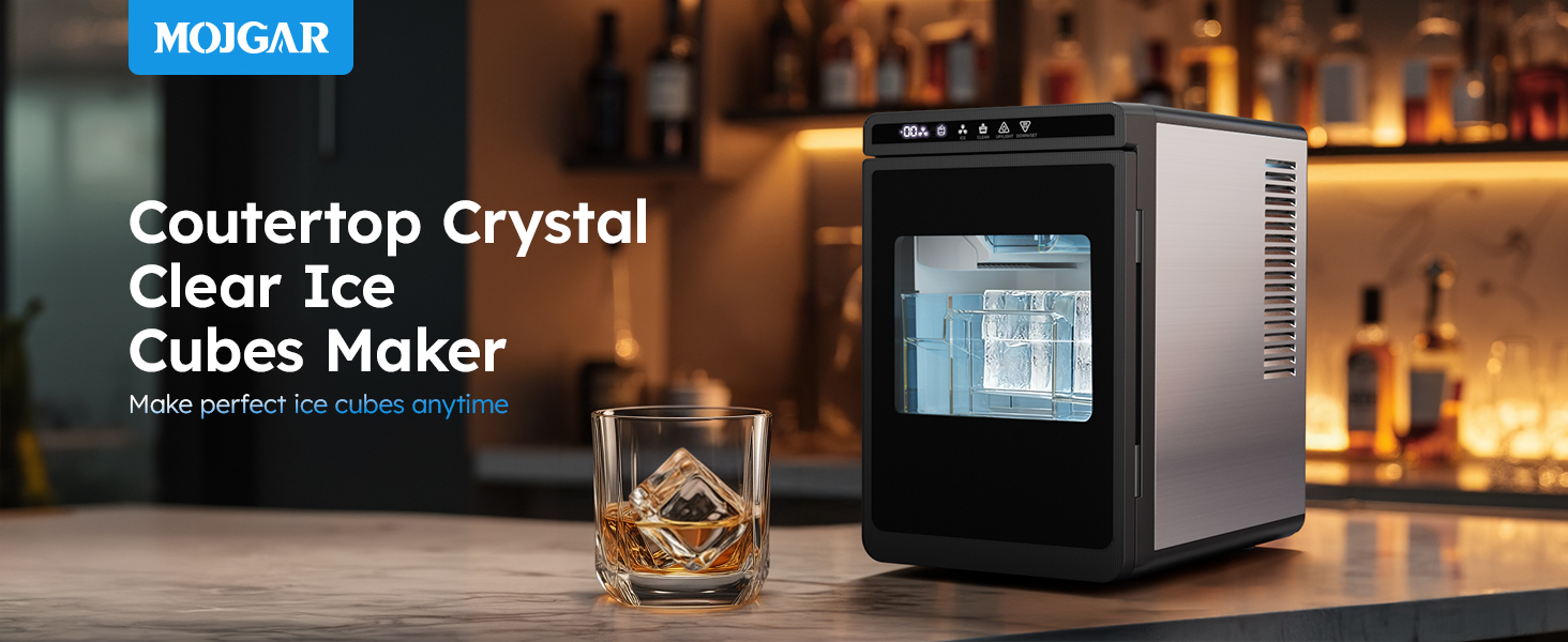 {"default":"Mojgar countertop clear ice cube maker with crystal-clear, slow-melting ice for whiskey and cocktails, perfect for home bar or entertaining, making premium ice anytime."}

