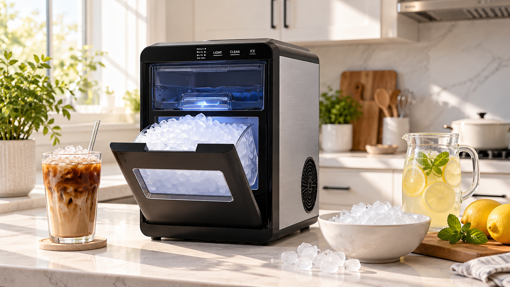 Mojgar countertop nugget ice maker with an open ice basket in a modern kitchen, surrounded by iced coffee, fresh lemonade, and a bowl of ice.