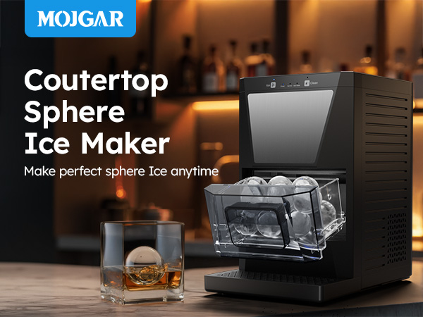 Mojgar countertop sphere ice maker, perfect for creating crystal-clear ice balls anytime, paired with a whiskey glass.