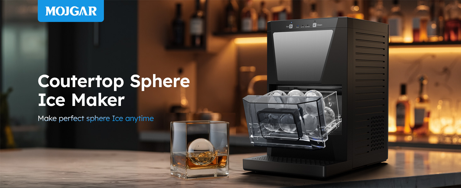 Mojgar countertop sphere ice maker, perfect for creating crystal-clear ice balls anytime, paired with a whiskey glass.