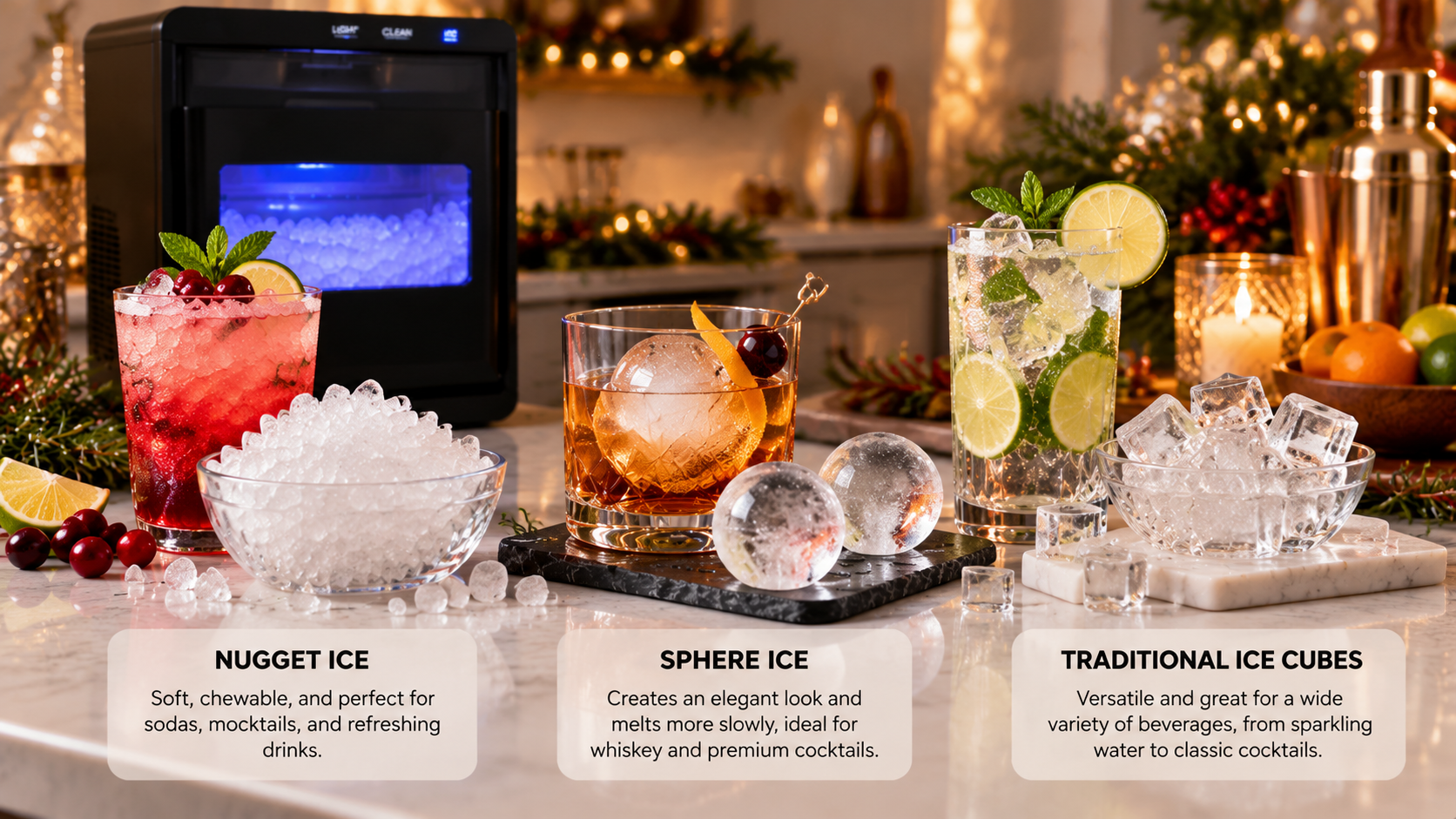 Comparison of nugget ice, sphere ice, and traditional ice cubes for holiday drinks, featuring a Mojgar countertop nugget ice maker.