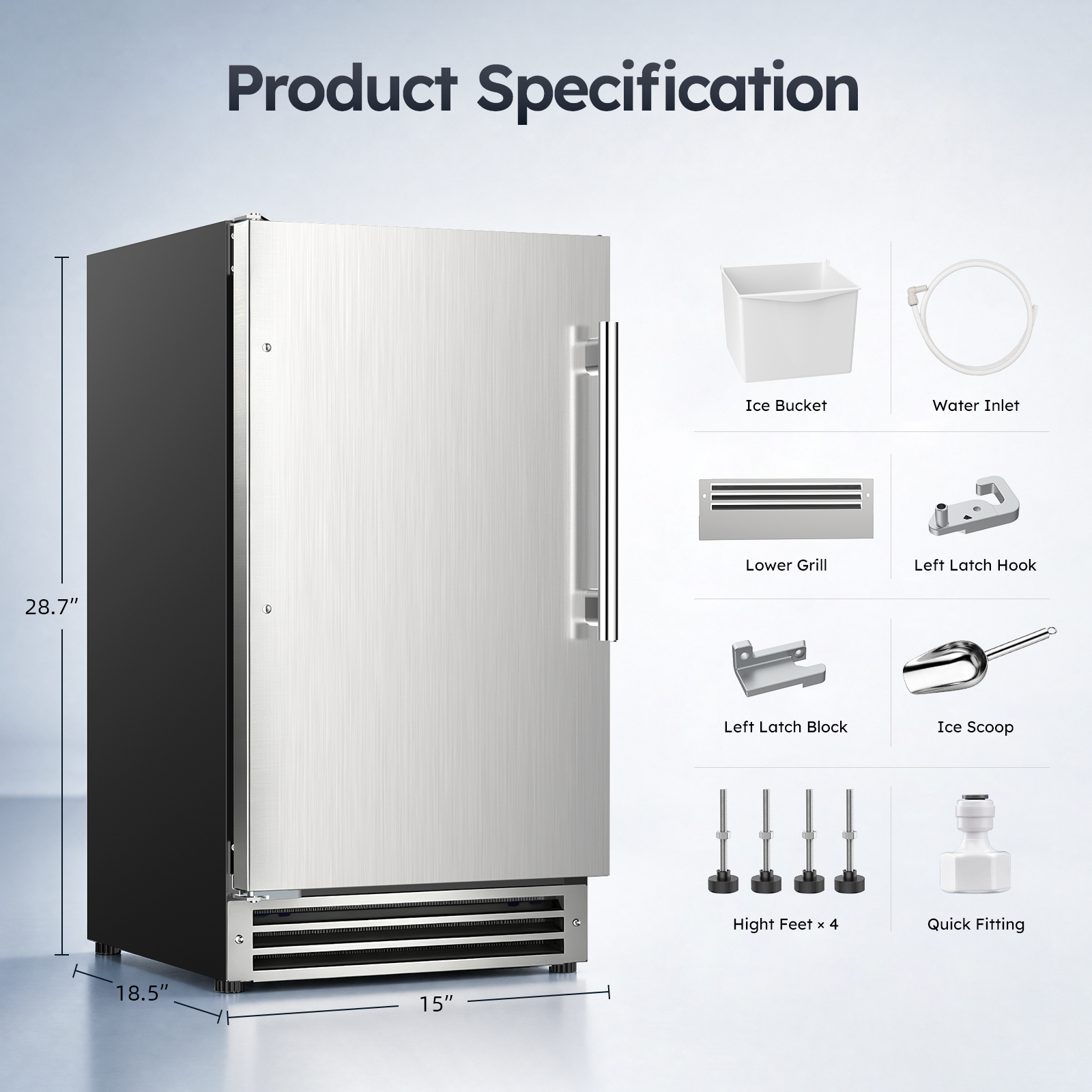 Mojgar drainless under counter ice maker measuring 15 x 18.5 x 28.7 inches with ice bucket, water inlet hose, ice scoop, adjustable feet, lower grill, and installation hardware.