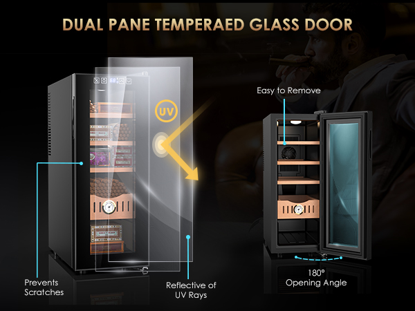 Mojgar electric cigar humidor with a dual-pane tempered glass door. Reflective of UV rays, prevents scratches, and features a 180° opening angle. Easy to remove for convenience and optimal protection.