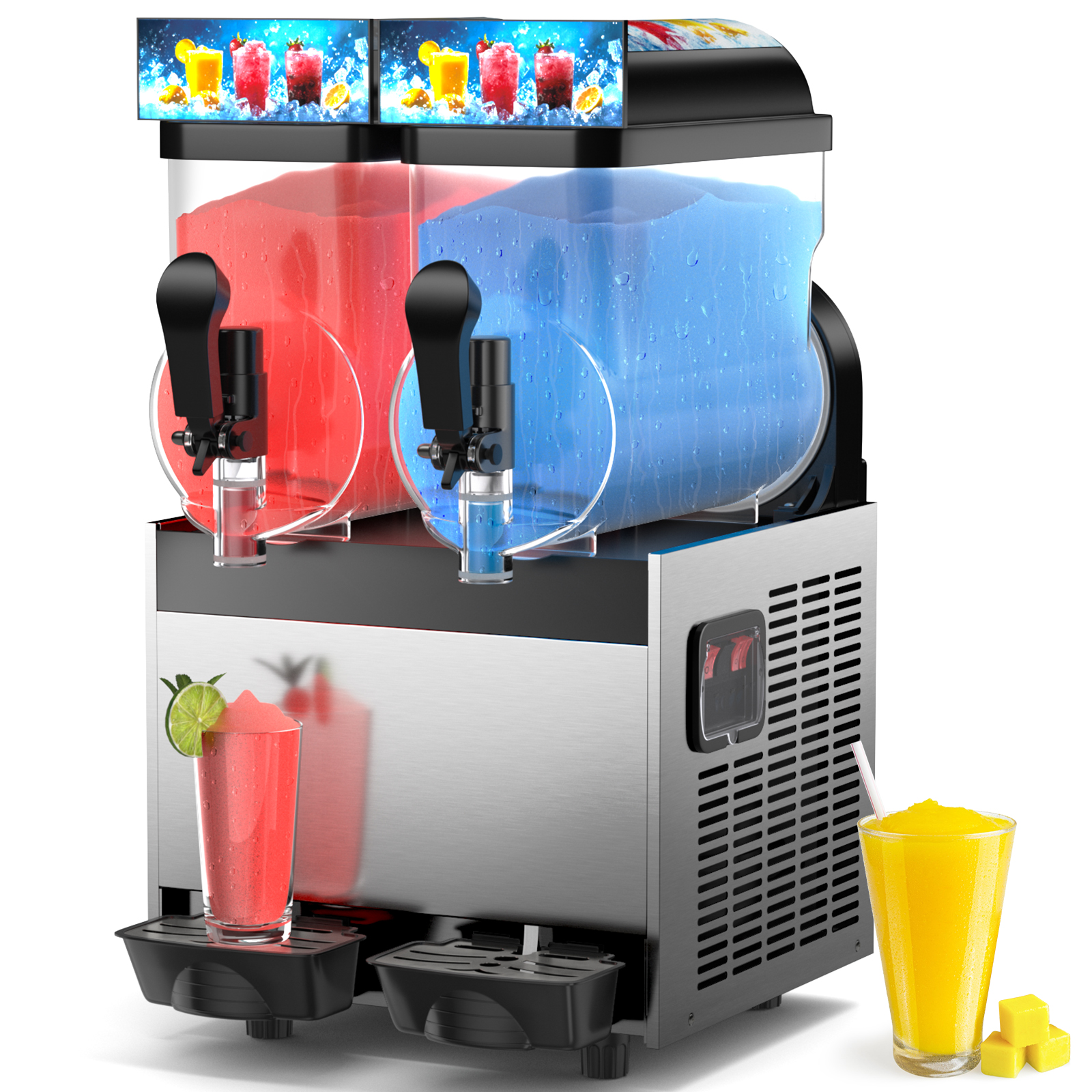 Mojgar Commercial Frozen Drink and Slushie Machine with Dual 15L Tanks, Stainless Steel Margarita Maker with colorful drinks, ideal for bars, cafes, restaurants, events, and parties.