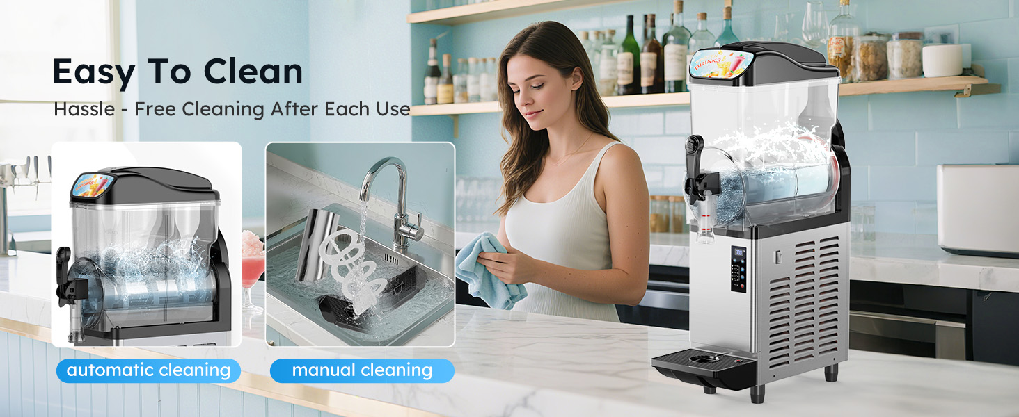 Commercial slush machine with one button self cleaning function and detachable parts for easier daily maintenance in food service use