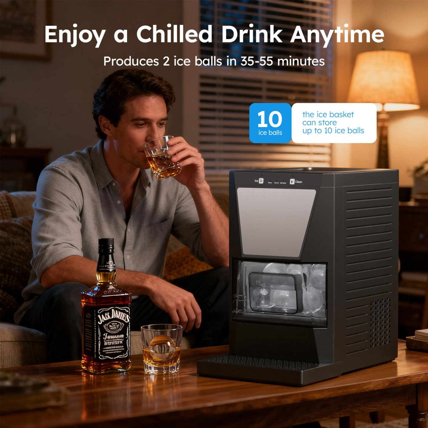 A man enjoying whiskey with a 2-inch ice ball made by Mojgar, showcasing the ice maker's ability to produce chilled drinks in 35-55 minutes.