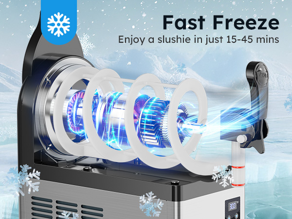 Commercial slush machine internal rapid cooling system with compressor and spiral mixing design for efficient frozen drink production in 15 to 45 minutes