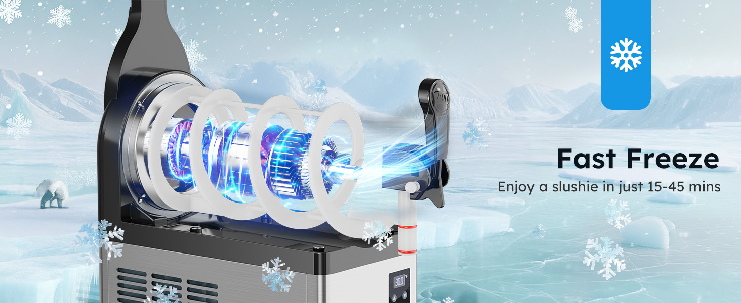 Commercial slush machine internal rapid cooling system with compressor and spiral mixing design for efficient frozen drink production in 15 to 45 minutes