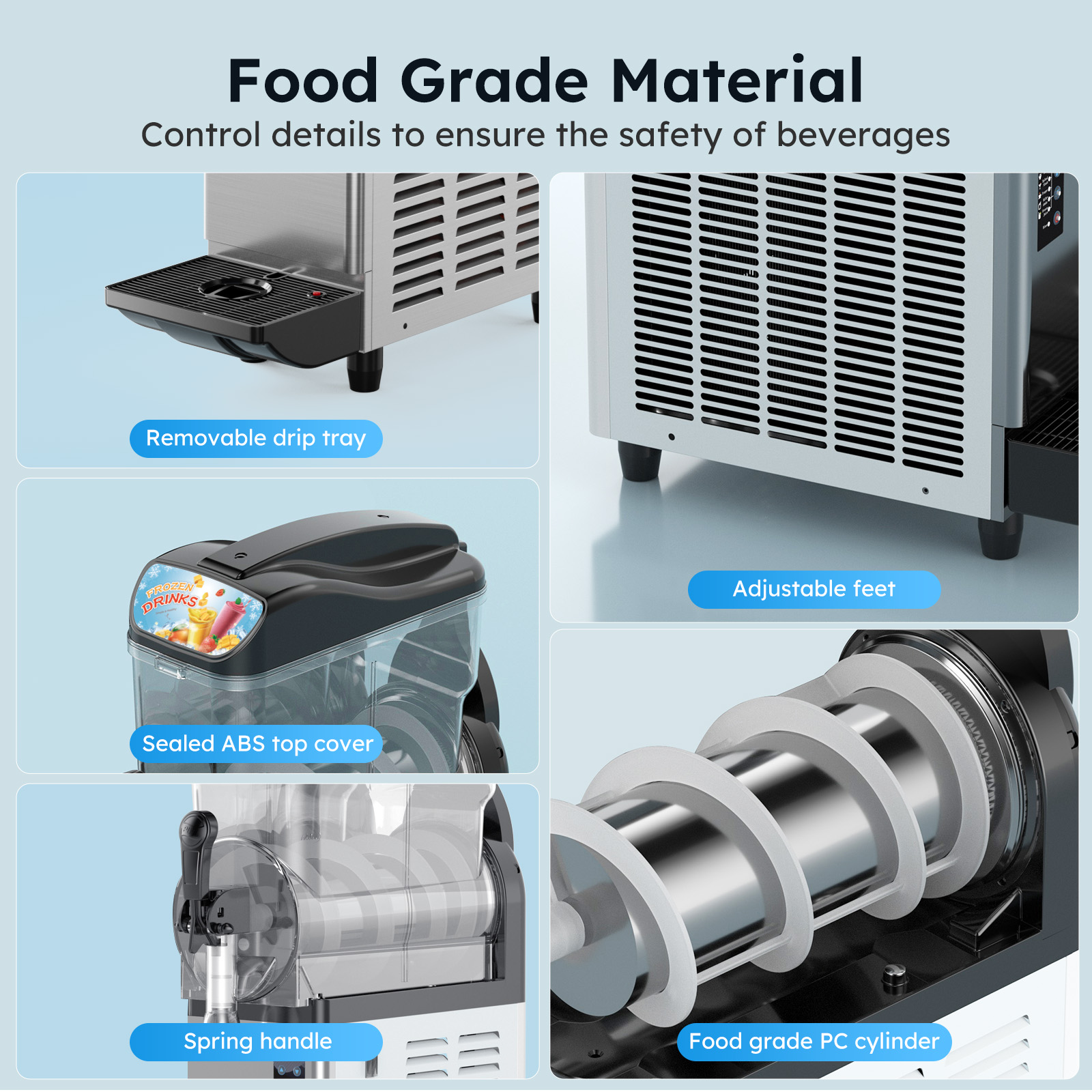Mojgar commercial slush machine featuring food grade PC cylinder, sealed ABS top cover, removable drip tray and adjustable feet for stable countertop placement