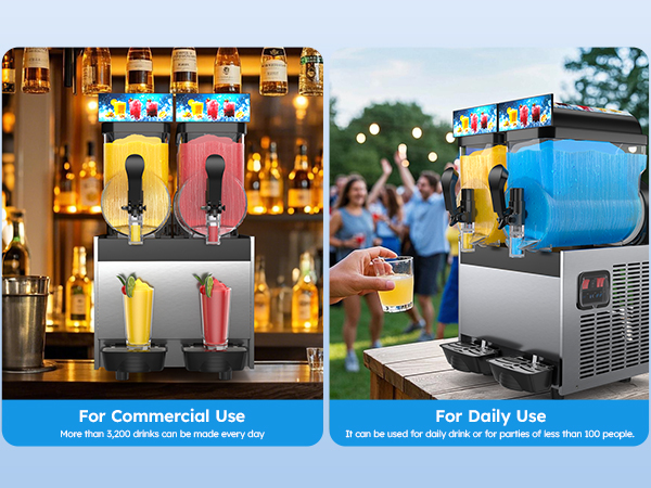 Mojgar Frozen Drink Machine for commercial use making over 3,200 drinks daily or for home and party use serving less than 100 people, ideal for bars, events, and gatherings.