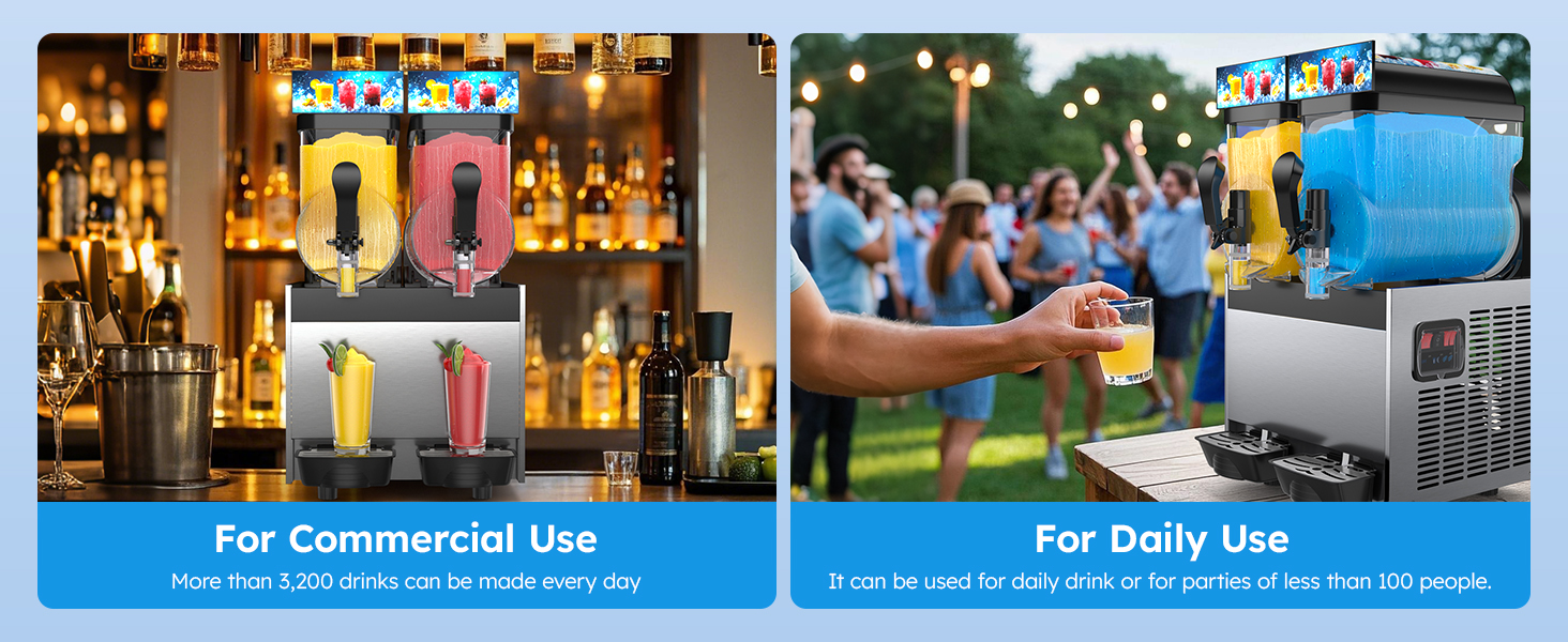 Mojgar Frozen Drink Machine for commercial use making over 3,200 drinks daily or for home and party use serving less than 100 people, ideal for bars, events, and gatherings.