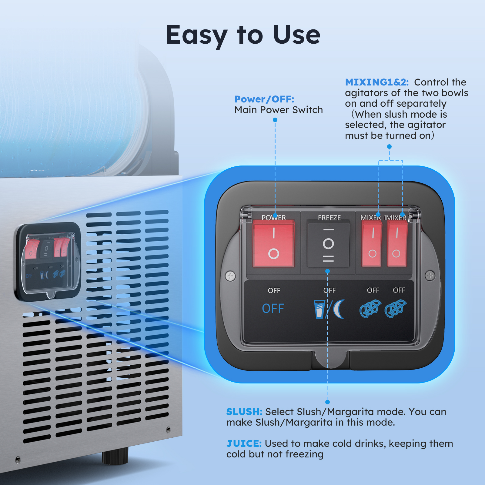 Mojgar frozen drink machine easy-to-use control panel with power switch, slush and juice modes, and dual agitator controls for quick, convenient slushie and margarita making.