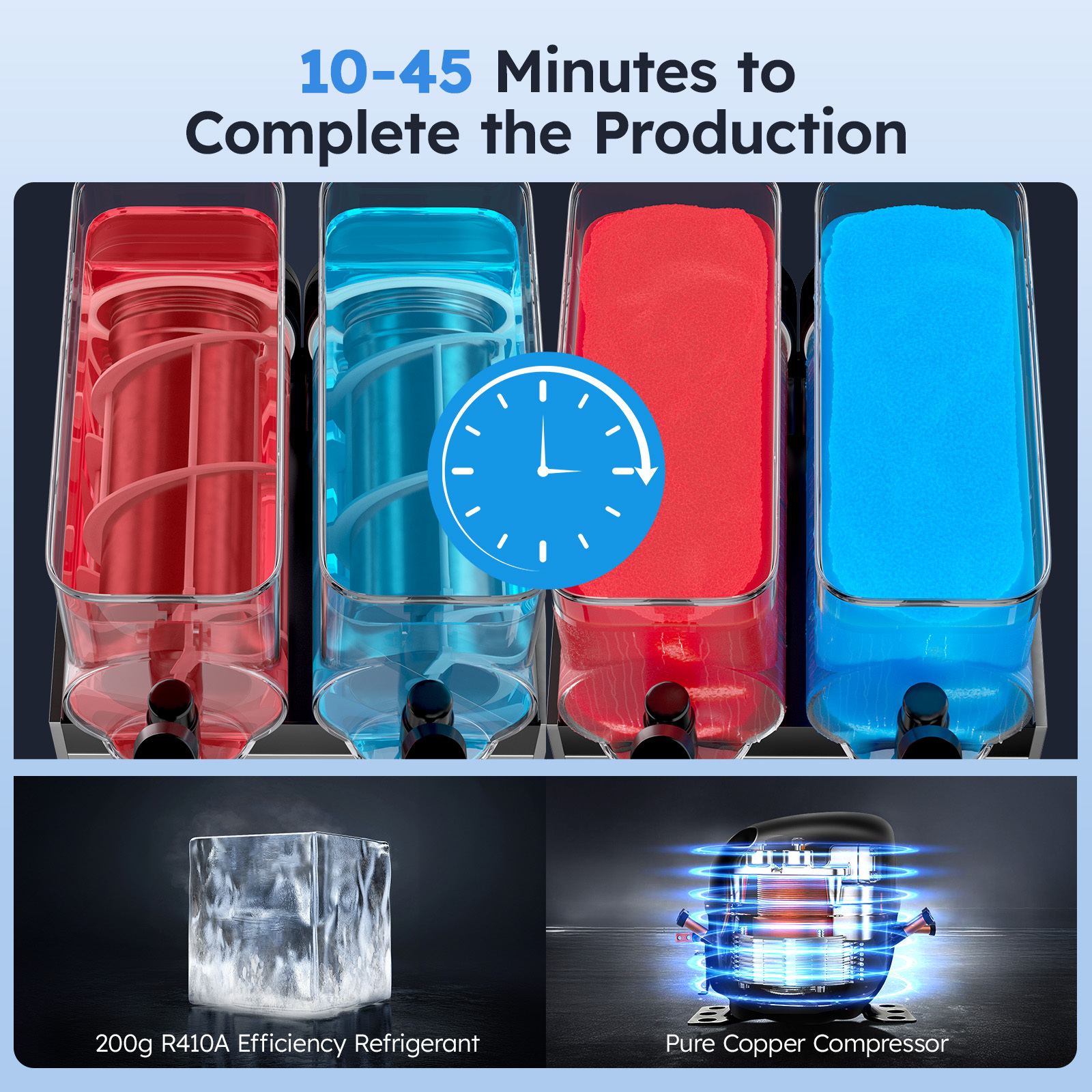 Mojgar Frozen Drink Machine with fast production time of 10-45 minutes, featuring pure copper compressor and R410A refrigerant for efficient cooling of margaritas, slushies, and frozen beverages.