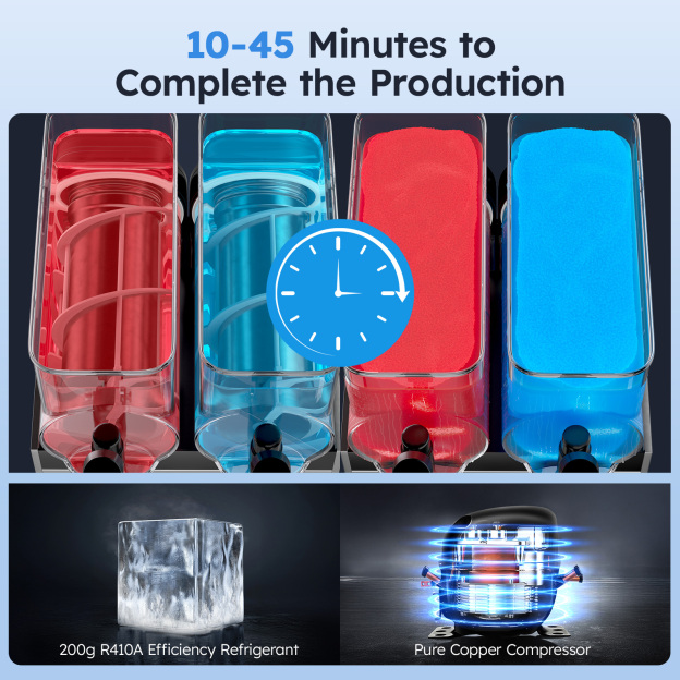 Mojgar Frozen Drink Machine with fast production time of 10-45 minutes, featuring pure copper compressor and R410A refrigerant for efficient cooling of margaritas, slushies, and frozen beverages.