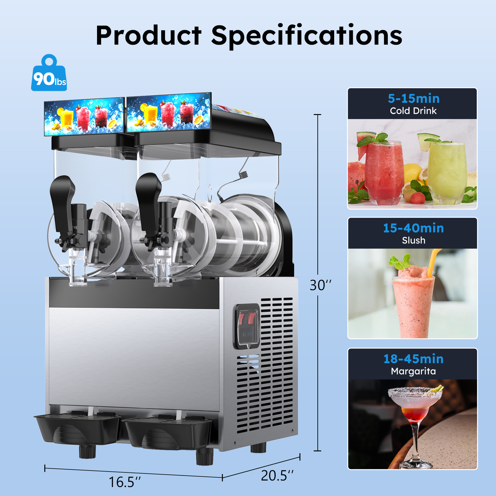 Mojgar Frozen Drink and Margarita Machine with dual 15L tanks, showing product dimensions, 90 lbs weight, and drink preparation times: 5-15 min cold drinks, 15-40 min slush, 18-45 min margaritas, ideal for commercial use.