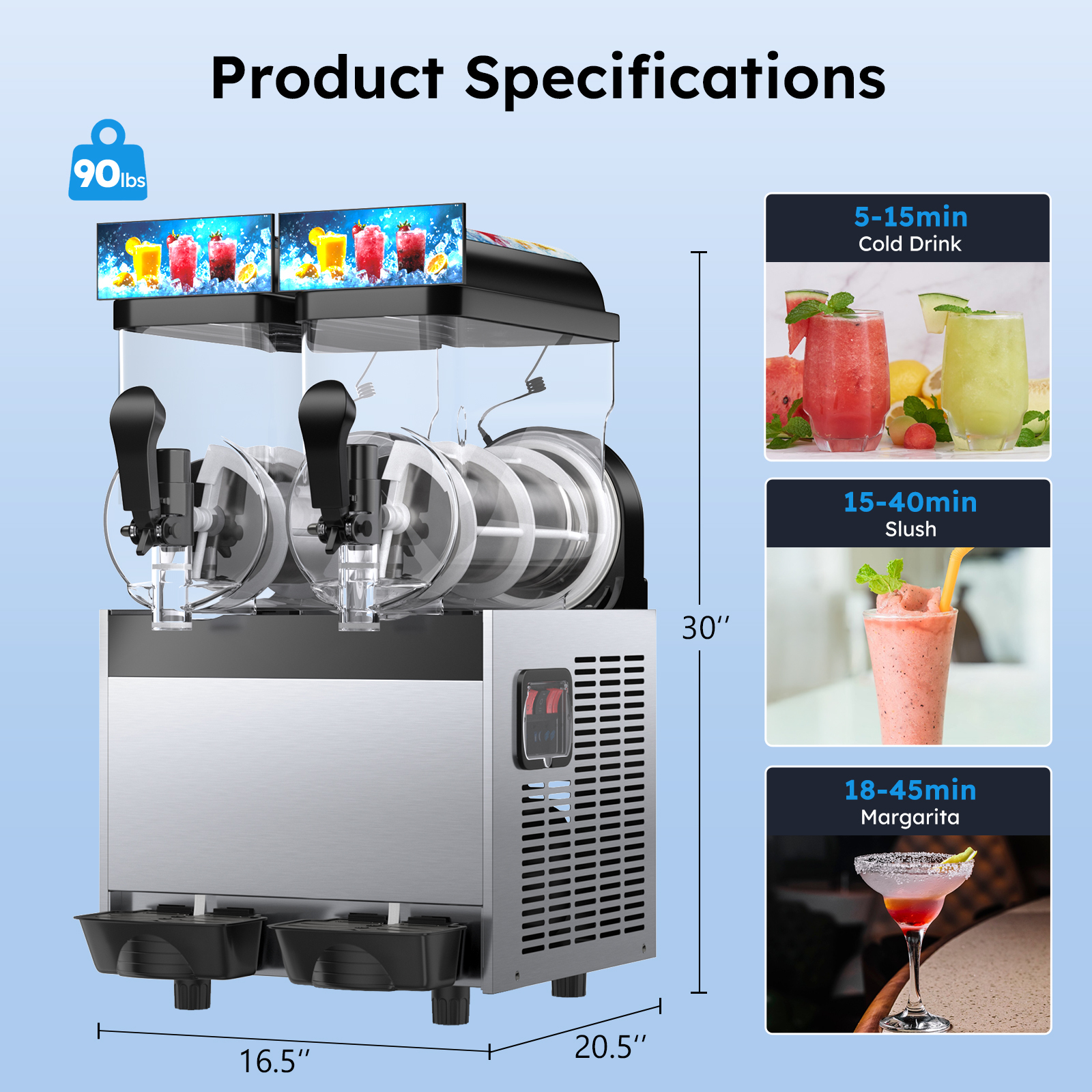 Mojgar Frozen Drink and Margarita Machine with dual 15L tanks, showing product dimensions, 90 lbs weight, and drink preparation times: 5-15 min cold drinks, 15-40 min slush, 18-45 min margaritas, ideal for commercial use.