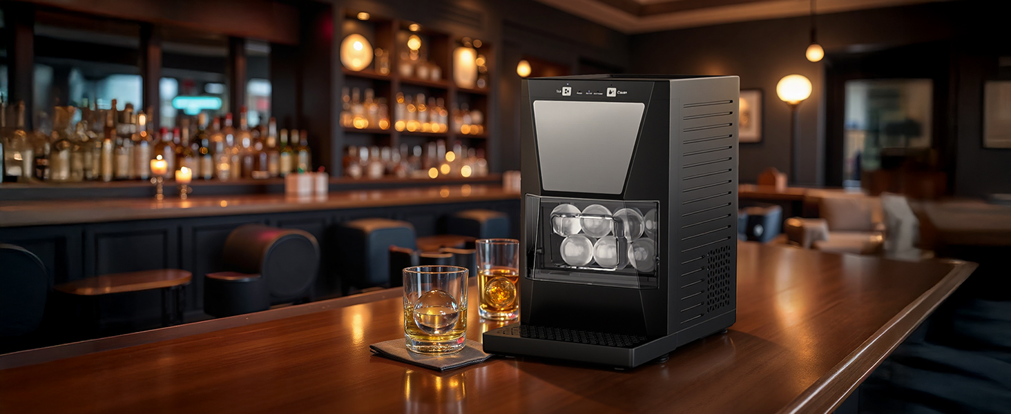 Mojgar ice ball maker with whiskey ice spheres on a high-end bar counter
