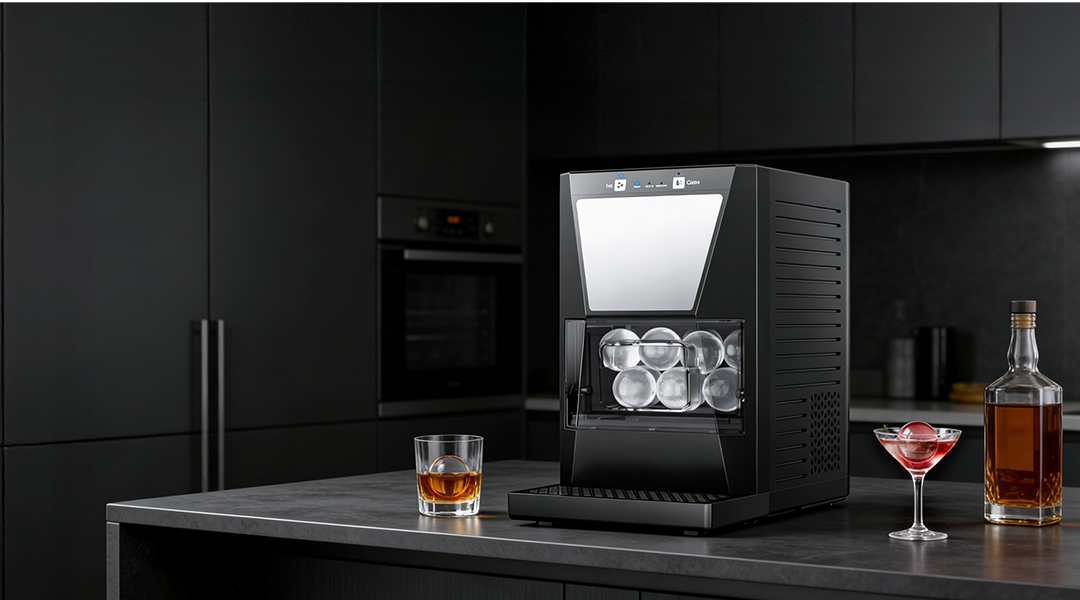 {"default":"Mojgar ice ball maker produces perfect sphere ice for whiskey and cocktail parties, shown in a modern black kitchen. Create your own ice bar experience."}
