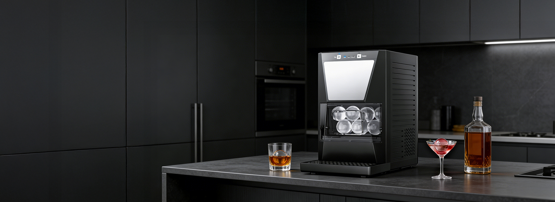{"default":"Mojgar ice ball maker produces perfect sphere ice for whiskey and cocktail parties, shown in a modern black kitchen. Create your own ice bar experience."}
