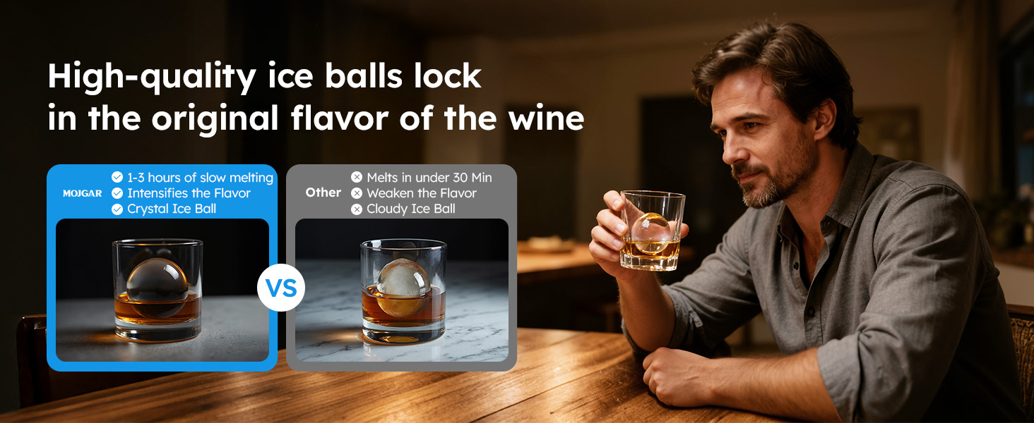 A comparison of Mojgar's high-quality, slow-melting clear ice ball versus regular cloudy ice balls, showing how Mojgar enhances flavor retention.