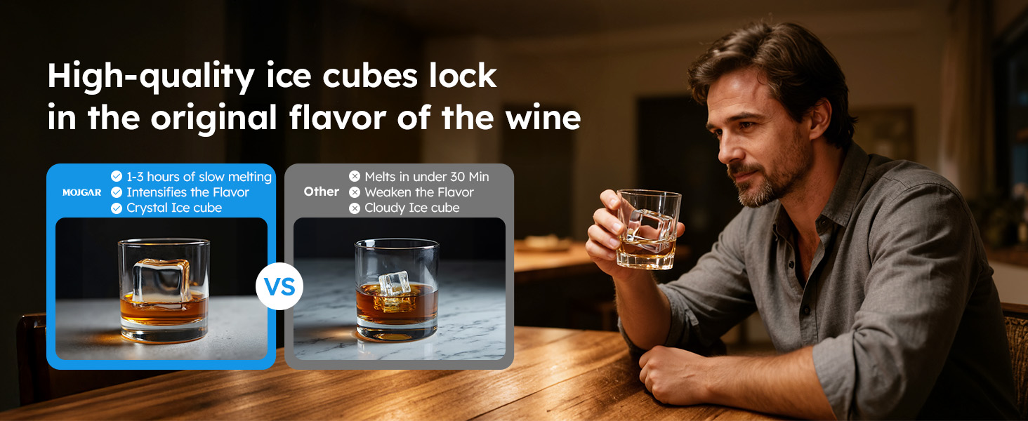 {"default":"Mojgar clear ice cube vs regular ice cube comparison showing slow-melting, crystal-clear ice for whiskey, enhancing flavor and preserving premium drinking experience at home bar."}
