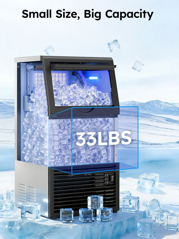 Mojgar commercial ice maker with 33lbs large ice storage bin, stainless steel under-counter design, crystal-clear ice cubes, self-cleaning, ideal for bars, cafes, restaurants, and home use.