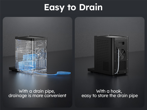 Mojgar ice maker with convenient drain pipe for easy water drainage, featuring a hook for easy storage of the drain pipe.