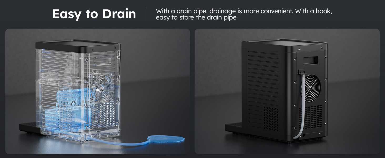 Mojgar ice maker with convenient drain pipe for easy water drainage, featuring a hook for easy storage of the drain pipe.