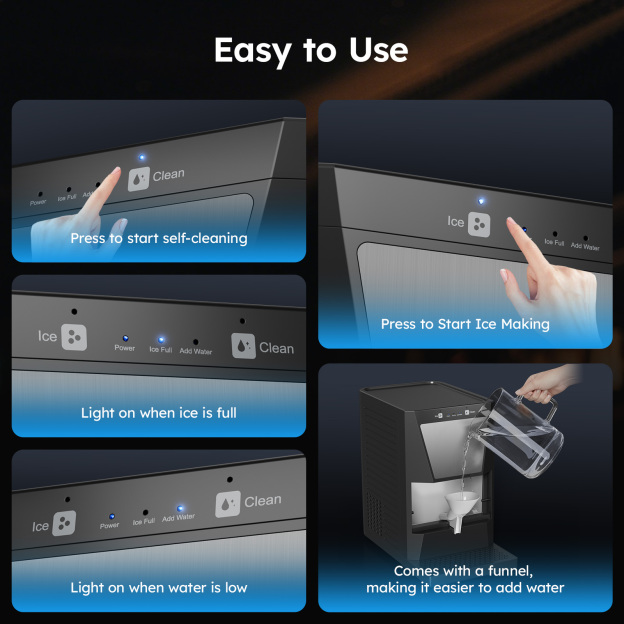 Mojgar ice maker's easy-to-use interface with self-cleaning and ice-making features, including a water funnel for convenience.