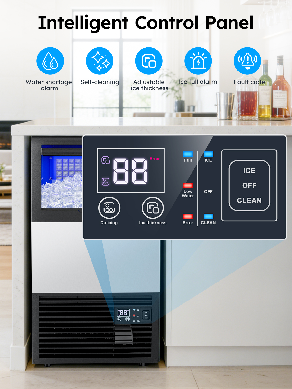 Mojgar commercial ice maker with intelligent LCD control panel showing water shortage alarm, self-cleaning, adjustable ice thickness, ice full alarm, and fault code indicators.