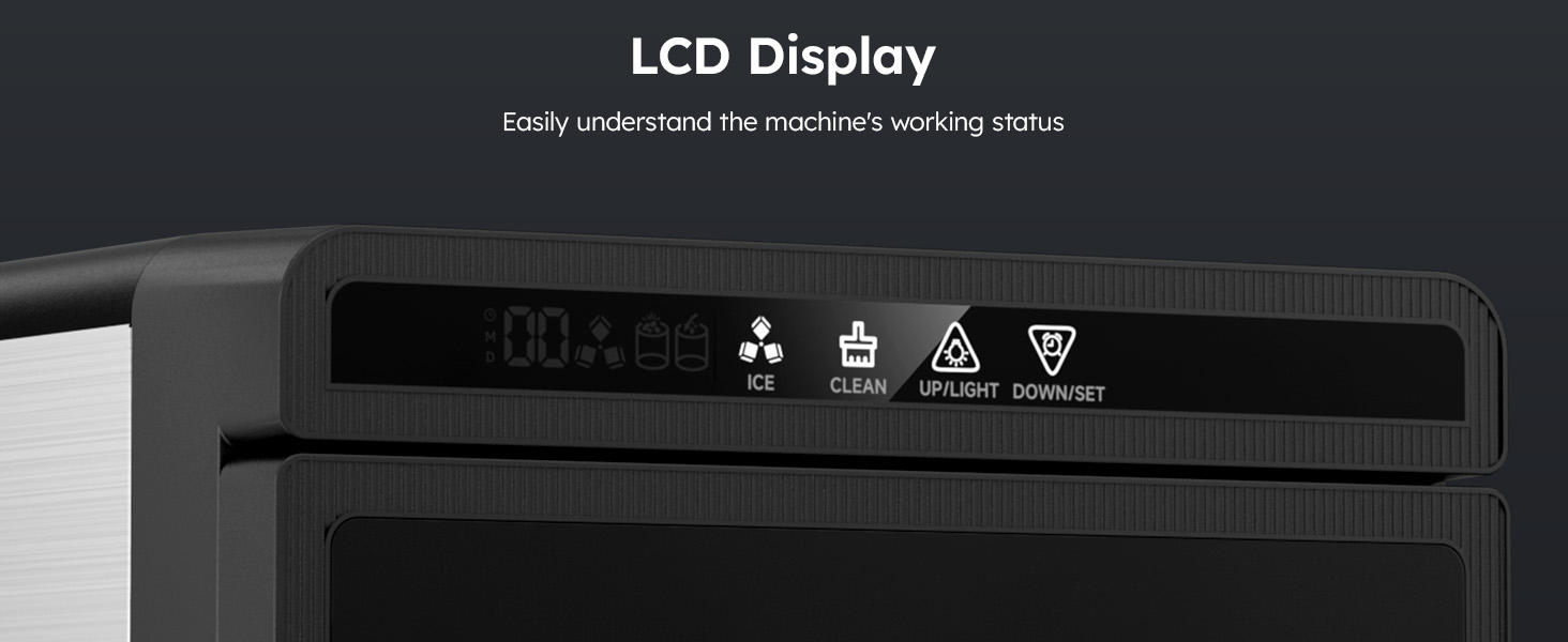 {"default":"Mojgar clear ice cube maker with LCD display showing machine working status, including ice production, cleaning, and settings, for easy operation and monitoring at home bar."}
