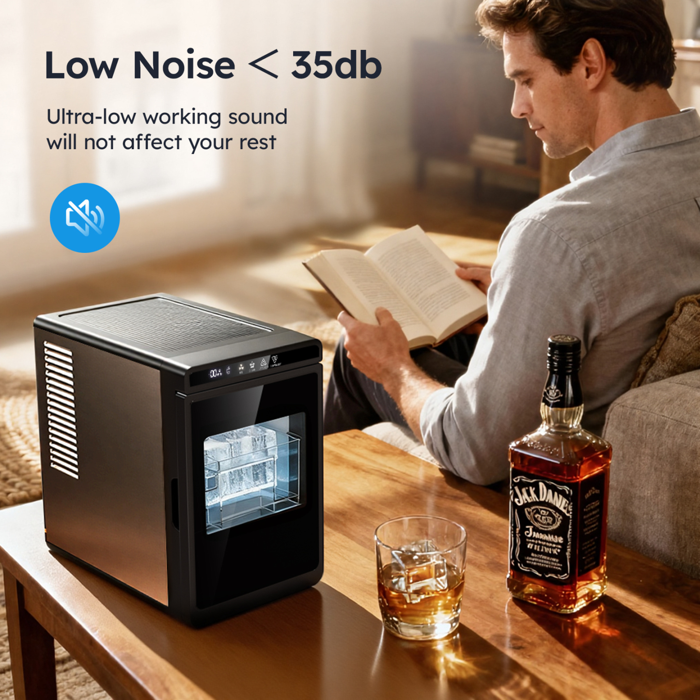 Mojgar 2 inch clear ice cube maker with ultra-low noise below 35dB, producing slow-melting, crystal-clear ice for whiskey and cocktails, ideal for quiet home bar or reading environment.