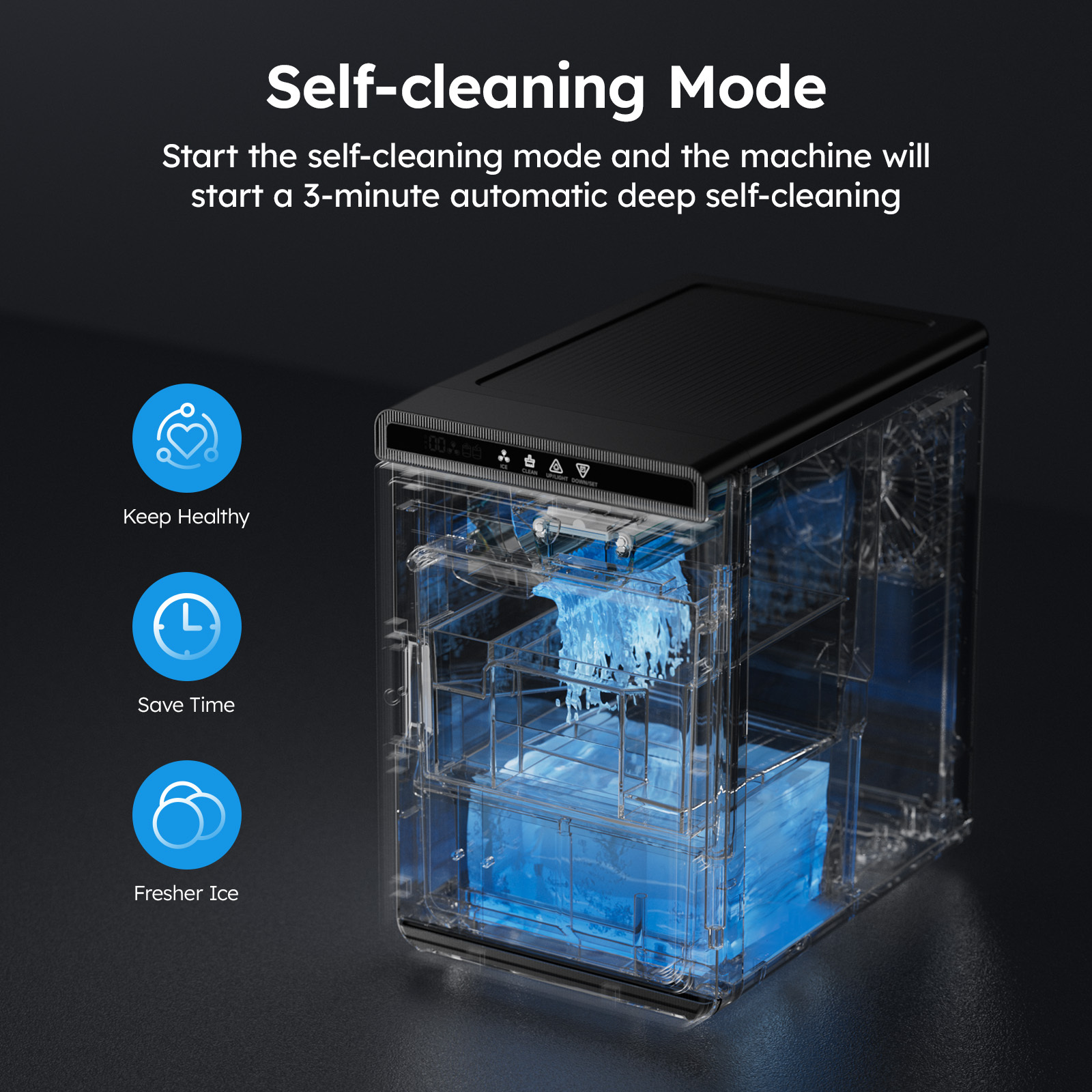 Mojgar 2 inch clear ice cube maker with self-cleaning mode, performing 3-minute automatic deep cleaning for fresher, crystal-clear ice, saving time and maintaining hygiene for whiskey, cocktails, and home bar.