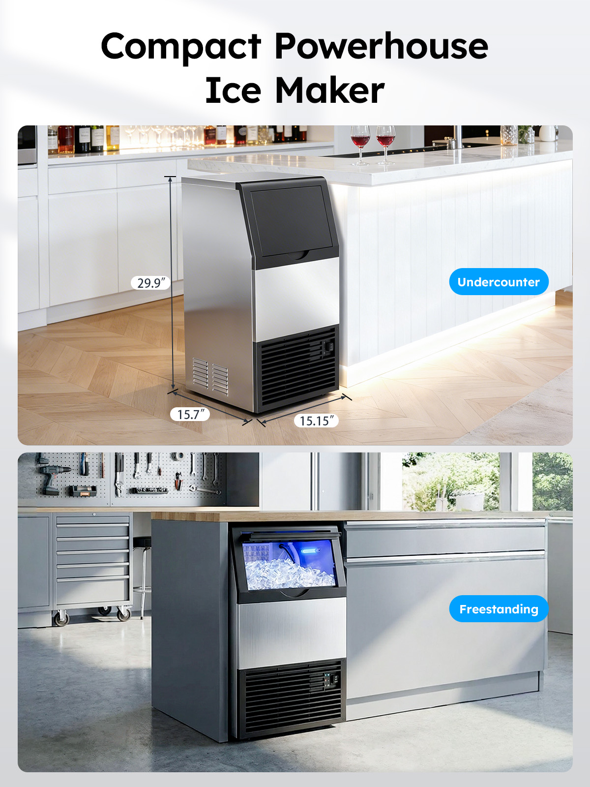 Mojgar compact commercial ice maker shown in under-counter and freestanding setups, stainless steel design, perfect for kitchens, bars, cafes, restaurants, and home use.