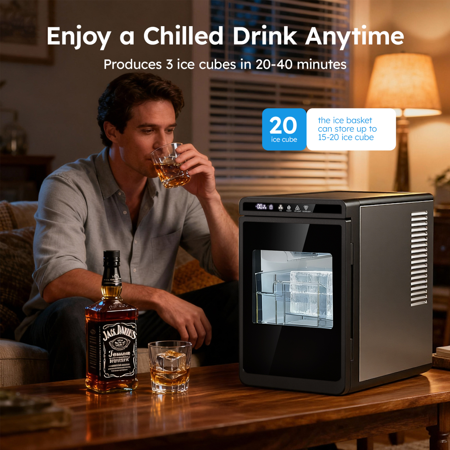 Mojgar 2 inch clear ice cube maker with crystal-clear, slow-melting ice cubes being enjoyed in whiskey at home bar, producing 3 ice cubes in 20-40 minutes, enhancing cocktails, whiskey, and premium drinking experience.