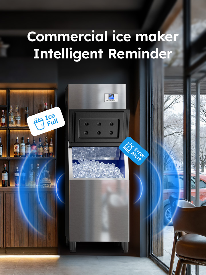 Mojgar commercial ice maker in a stylish bar with intelligent alerts for full ice bin and error detection, ideal for smart hospitality environments.