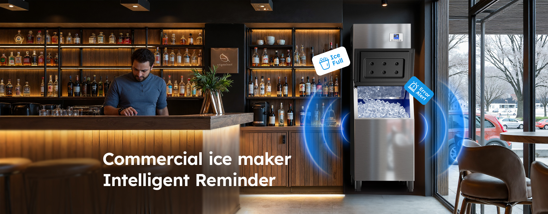Mojgar commercial ice maker in a stylish bar with intelligent alerts for full ice bin and error detection, ideal for smart hospitality environments.