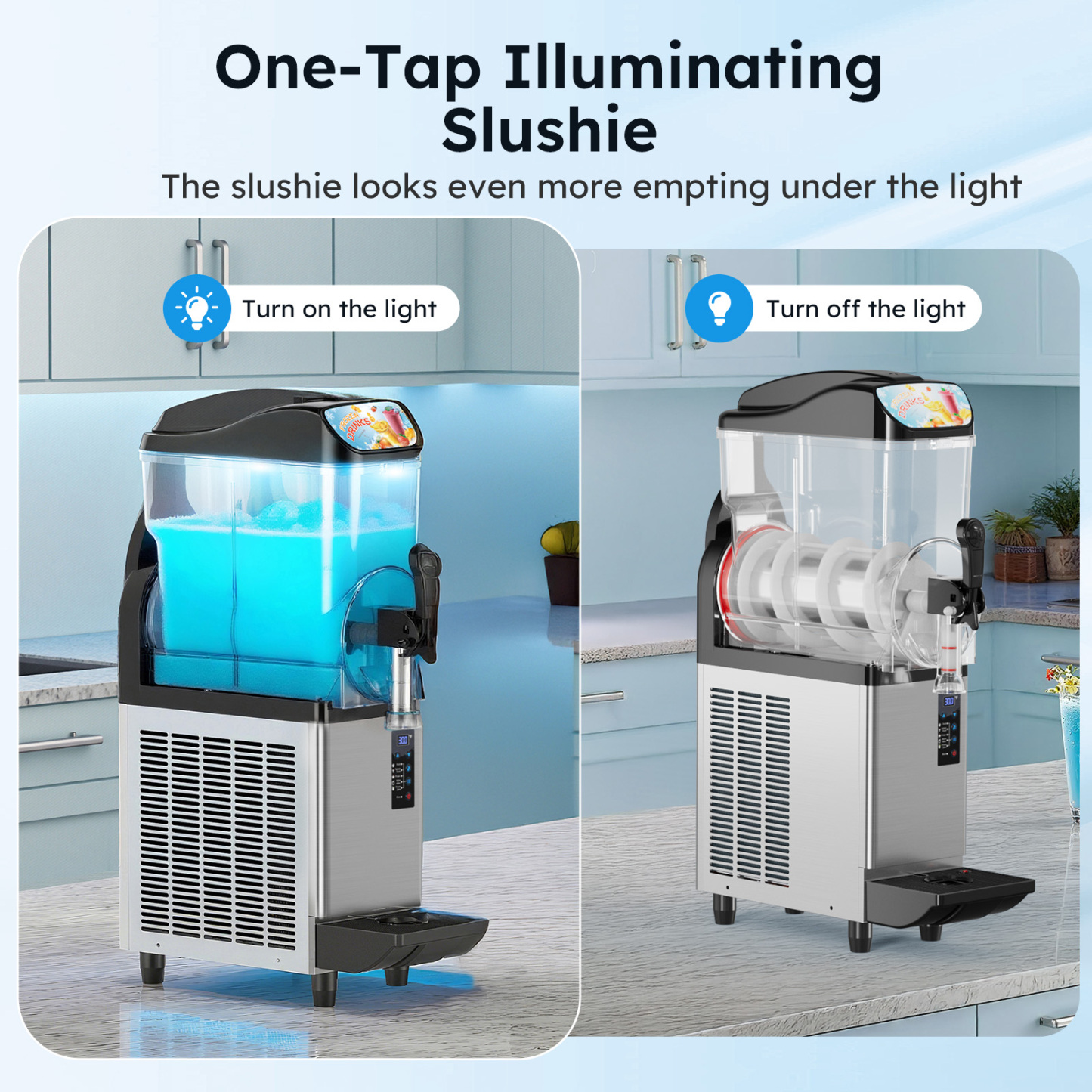 Mojgar commercial slush machine with LED illuminated tank showing frozen drink display effect with light on and off comparison