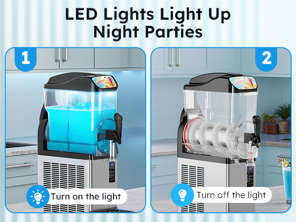 Commercial slush machine with LED illuminated tank showing light on and off comparison for enhanced frozen drink display at night events