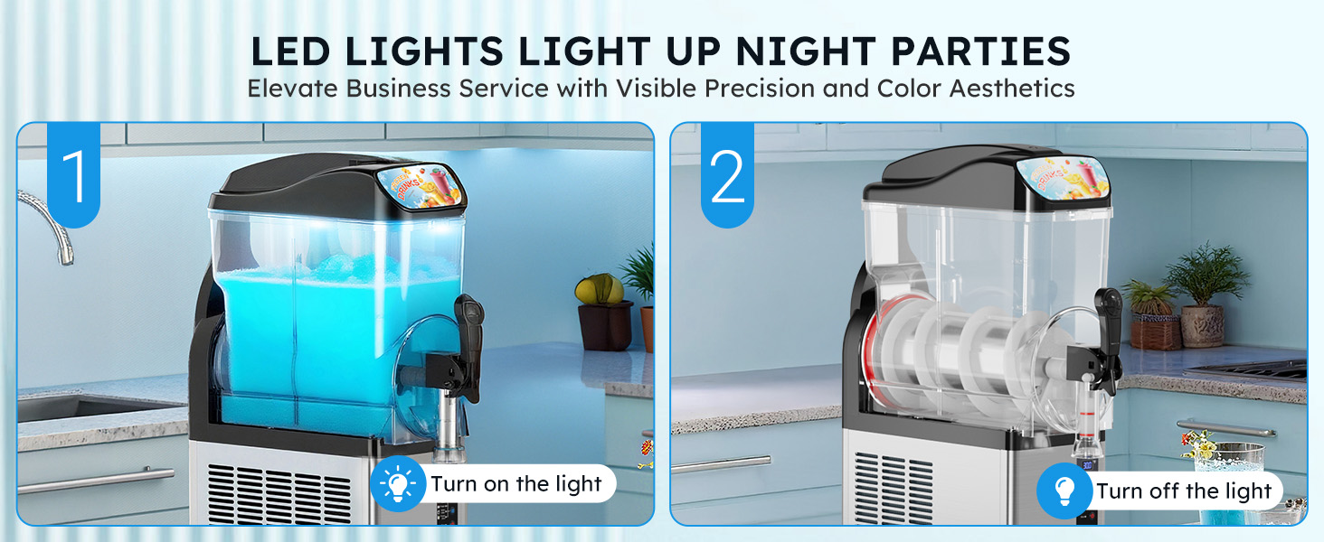 Commercial slush machine with LED illuminated tank showing light on and off comparison for enhanced frozen drink display at night events