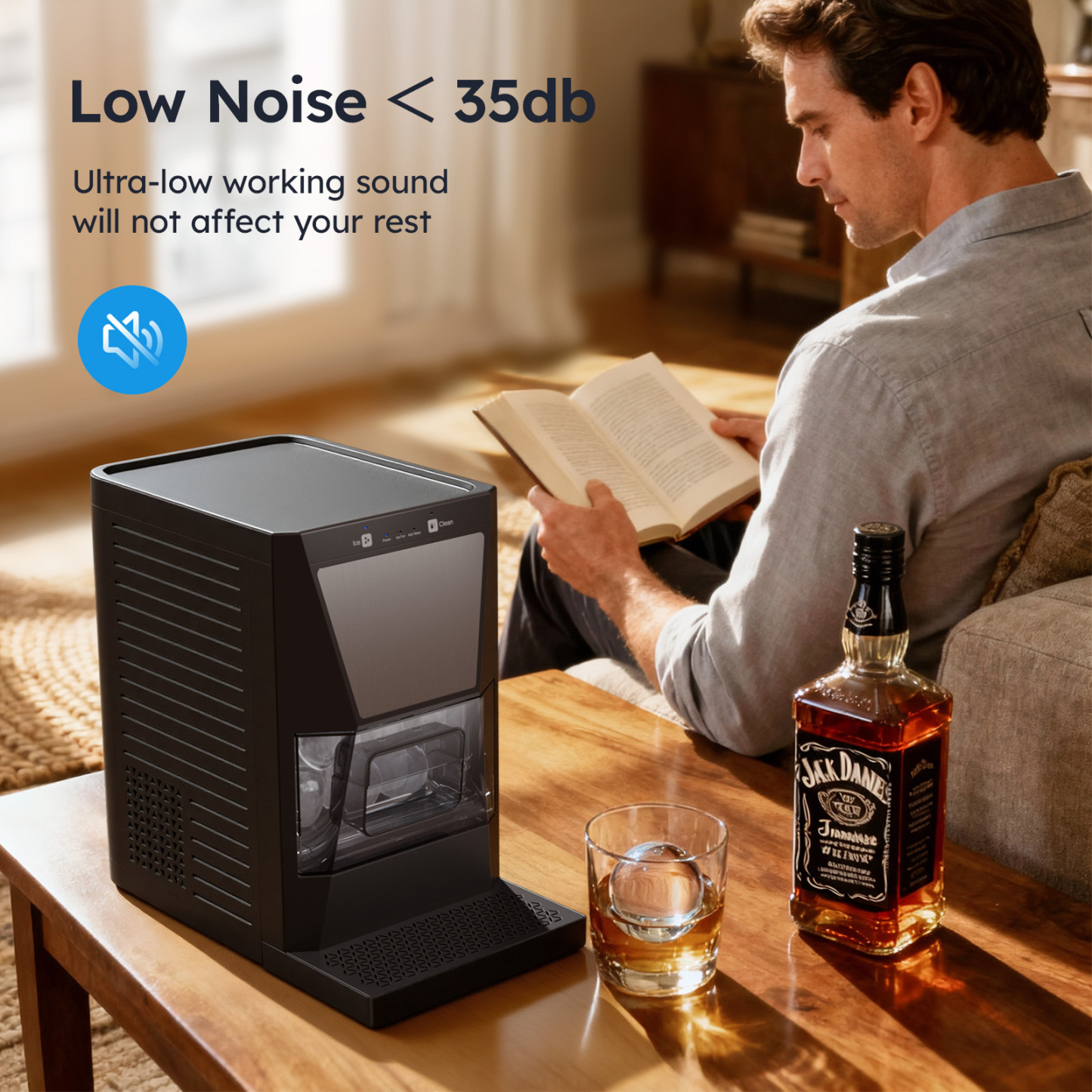 Mojgar ice maker with ultra-low noise operation (<35dB), ideal for quiet environments like home bars or kitchens.