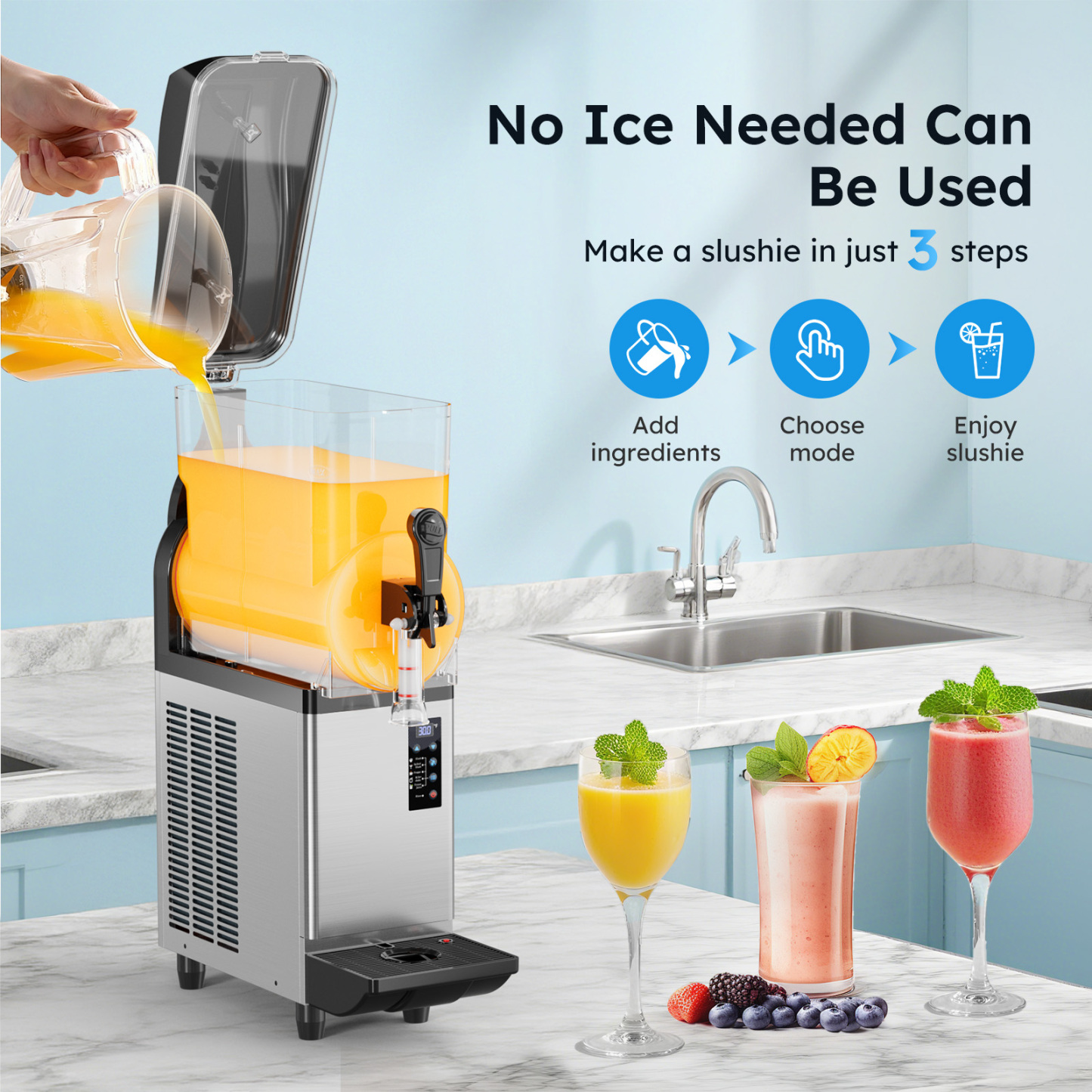 Mojgar commercial slush machine with direct freezing system allowing frozen drink production without adding ice in three simple steps