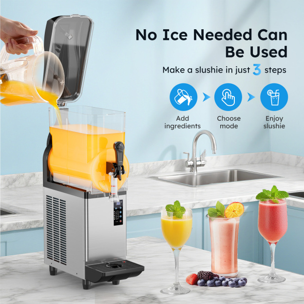 Mojgar commercial slush machine with direct freezing system allowing frozen drink production without adding ice in three simple steps